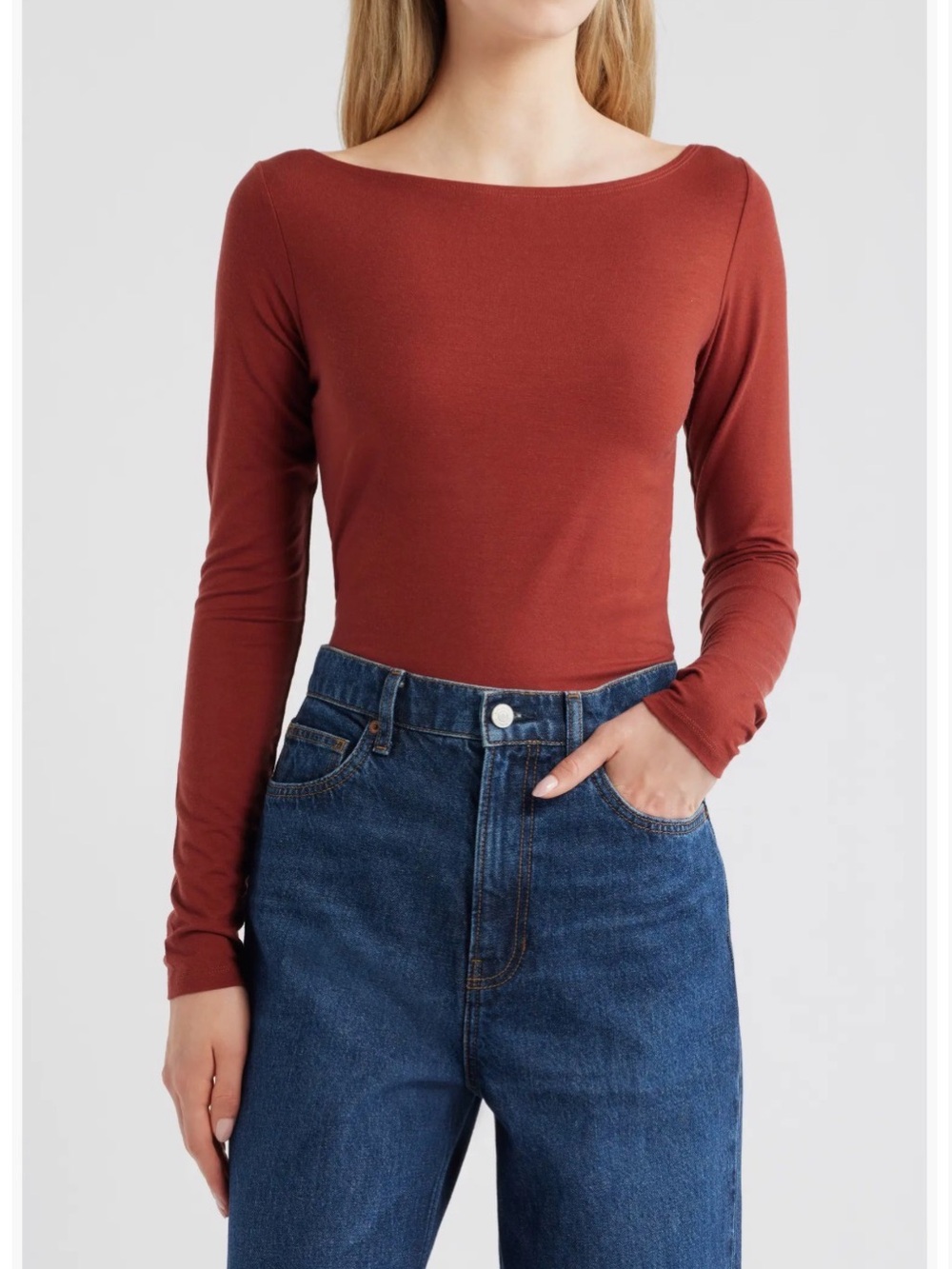 Reformation Wiley Long-Sleeve Boatneck Top in Rust size medium